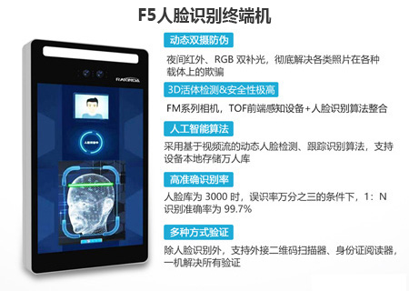 F5人臉識別終端機，可實現與門禁閘機的聯動或離線使用